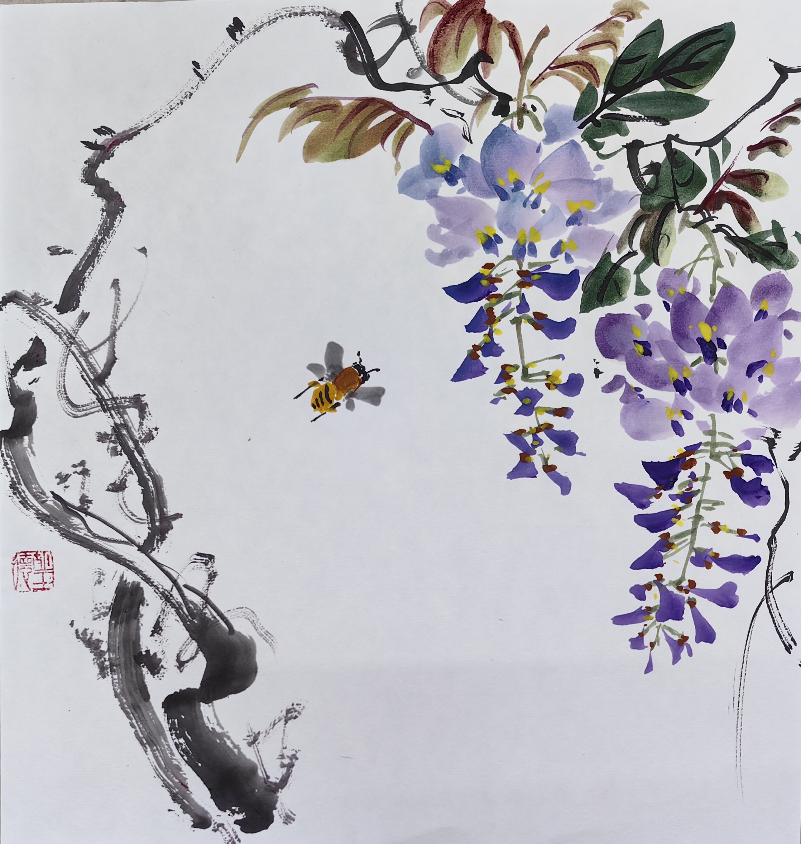 《春》紫藤花国画 紫藤花的花语为执着的等待,深深的思念