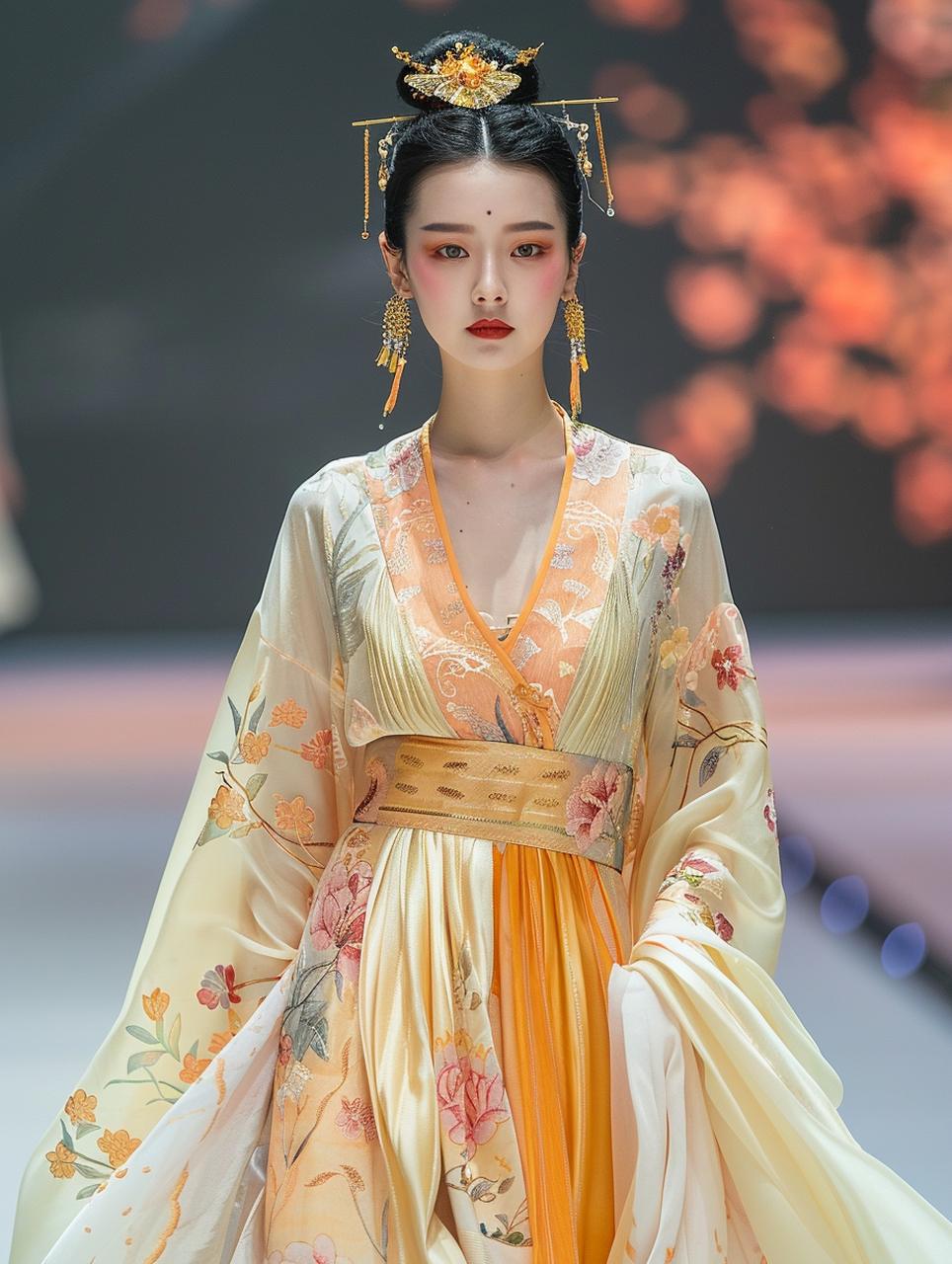 一位美丽的中国模特身着汉服走在 t 型台上,头饰华丽,典雅,端庄,纯色