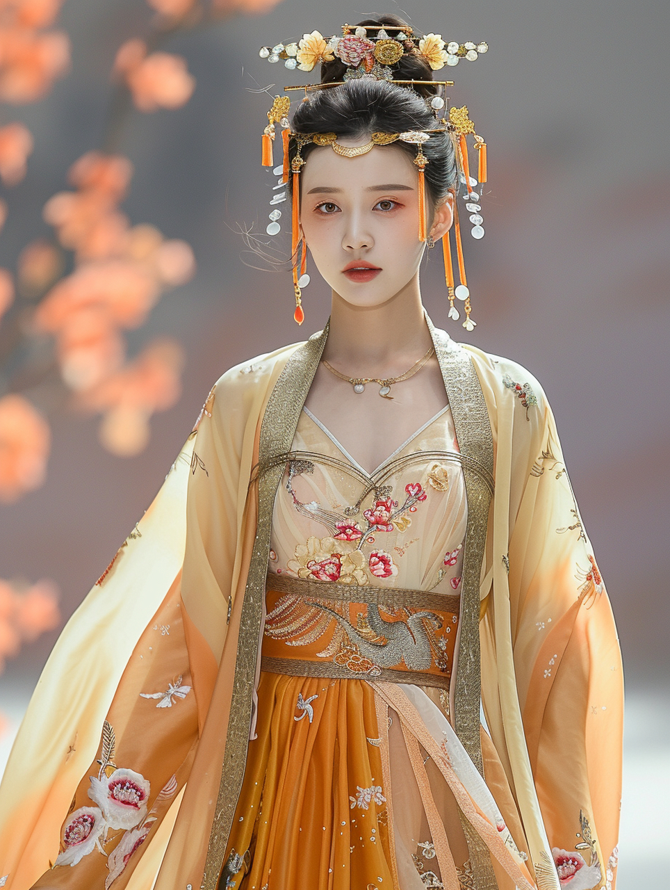 一位美丽的中国模特身着汉服走在 t 型台上,头饰华丽,典雅,端庄,纯色