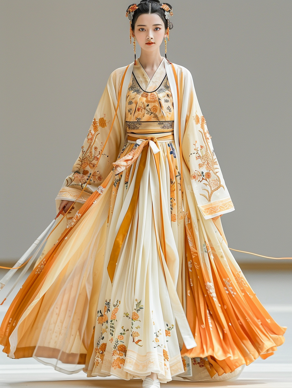 一位美丽的中国模特身着汉服走在 t 型台上,头饰华丽,典雅,端庄,纯色