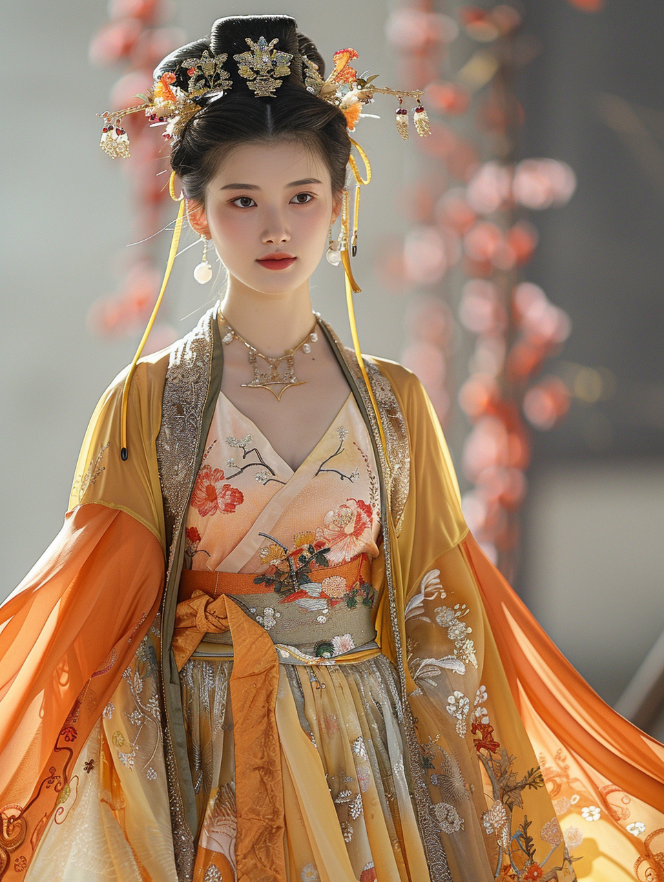 一位美丽的中国模特身着汉服走在 t 型台上,头饰华丽,典雅,端庄,纯色