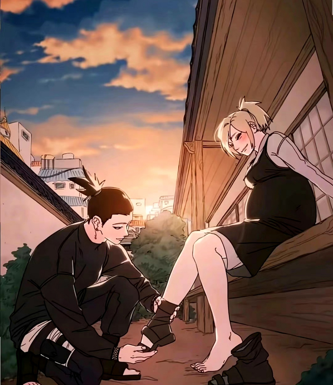 一组火影忍者同人插画欣赏,描绘了鹿丸与手鞠的爱情故事,他们两个在