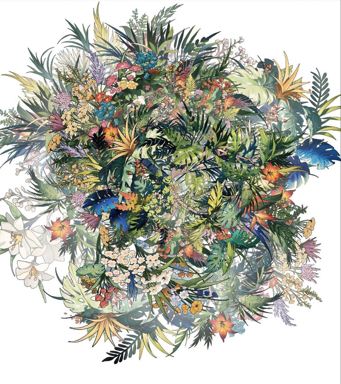 一组热带植物绘画作品欣赏,描绘了汇聚各种植物的树丛,色彩明快而生动