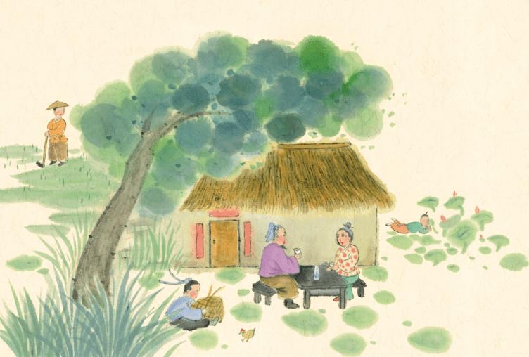 大儿锄豆溪东,中儿正织鸡笼, 最喜小儿亡赖,溪头卧剥莲蓬