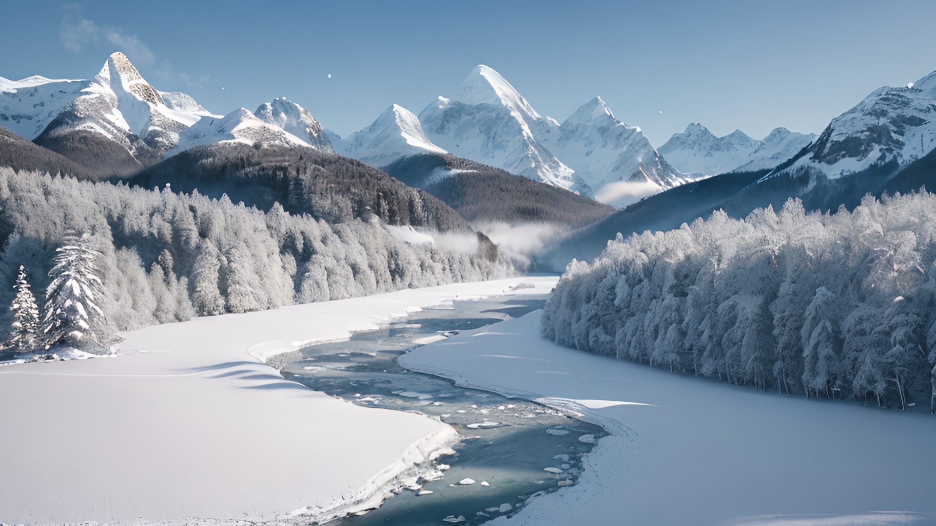 冬日雪景 山川河流与树木