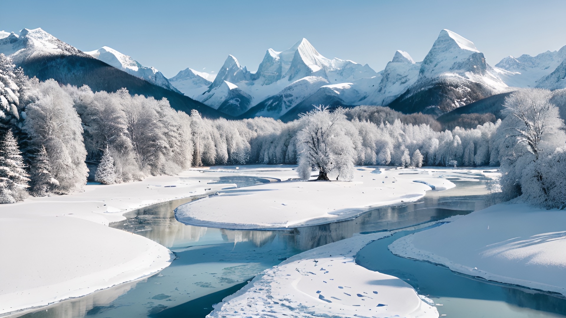 冬日雪景:山川河流与树木,宛如画中游