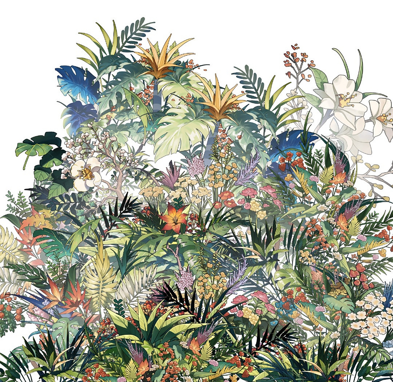 一组热带植物绘画作品欣赏,描绘了汇聚各种植物的树丛,色彩明快而生动