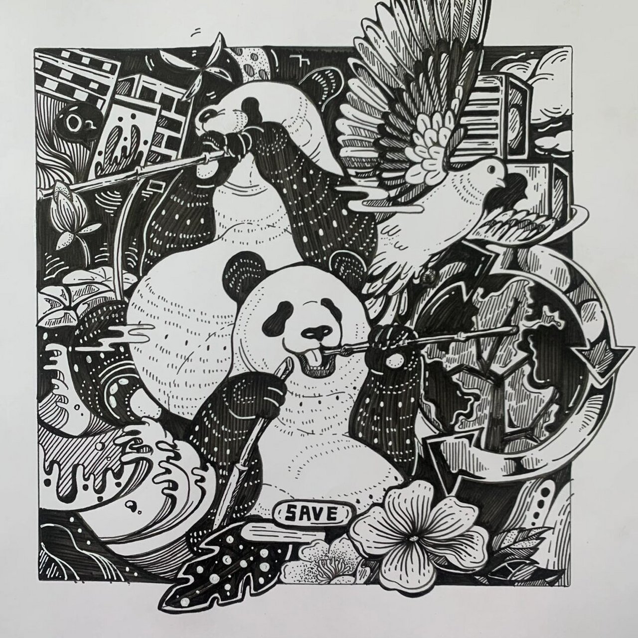 黑白装饰画  黑白之间的艺术:大熊猫,和平鸽与绿色城市的和谐共舞🌿