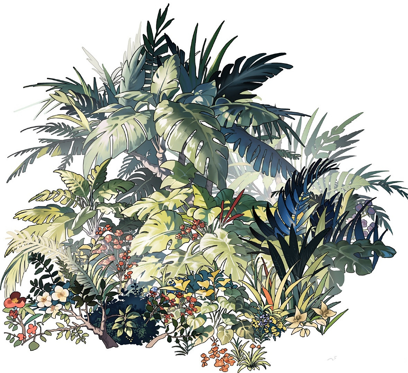 一组热带植物绘画作品欣赏,描绘了汇聚各种植物的树丛,色彩明快而生动