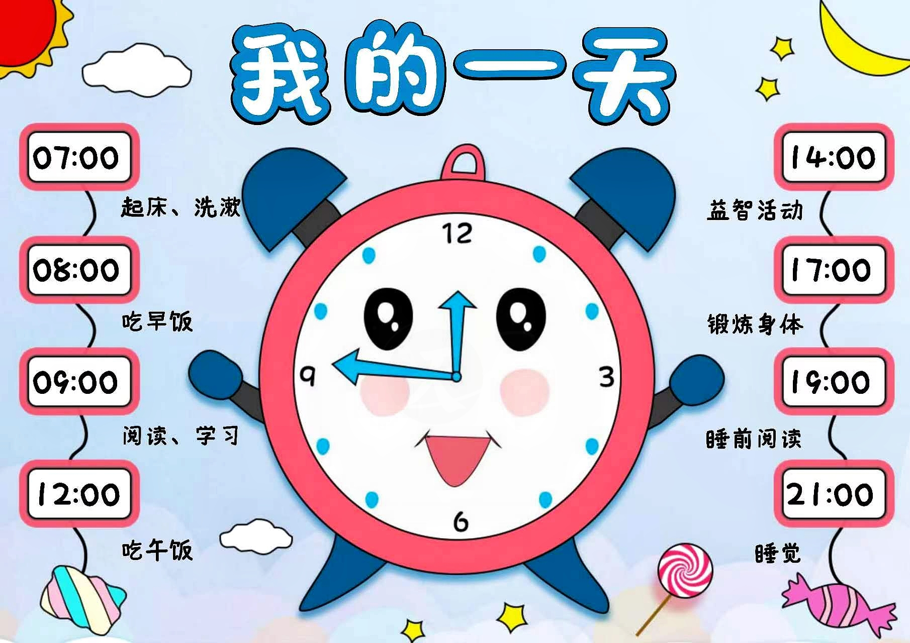 小学一年级数学小报, 我的一天钟表手抄报.  简单好看,可打印!