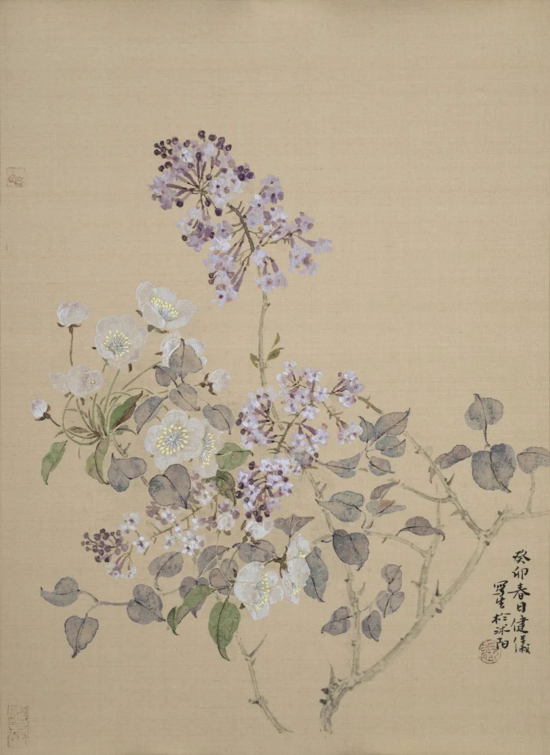 梨花与丁香║ 34cm×45cm ║绢卡║ 2023年3月22今天一口气画了四张