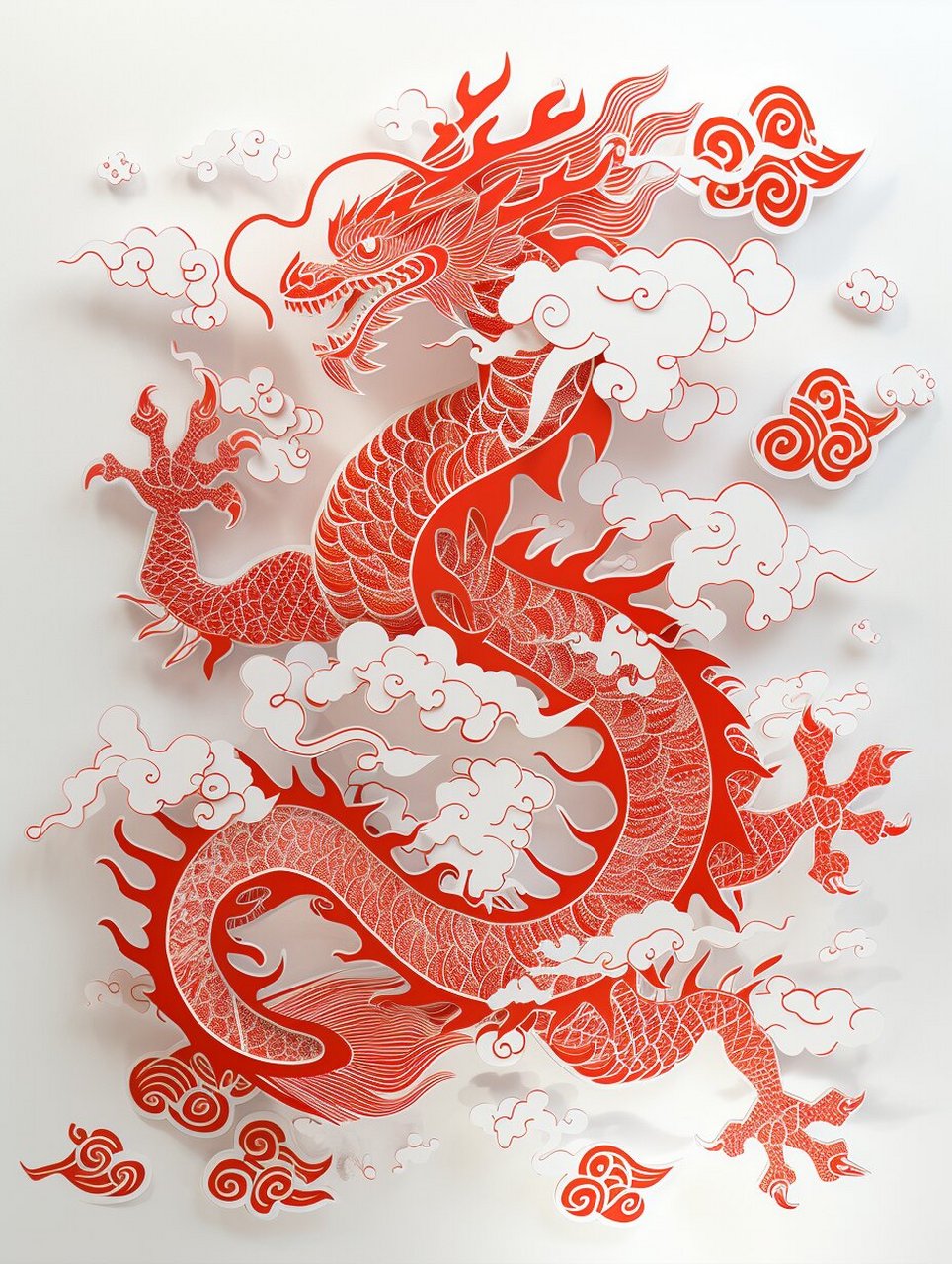 红龙剪纸传统韵味  在传统的剪纸艺术中,红龙是中国文化的瑰宝,蕴含着