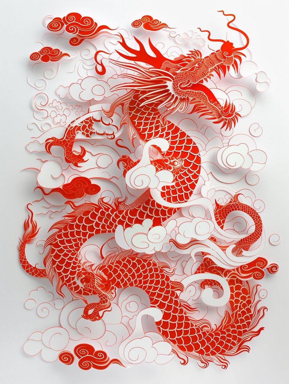 红龙剪纸传统韵味  在传统的剪纸艺术中,红龙是中国文化的瑰宝,蕴含着