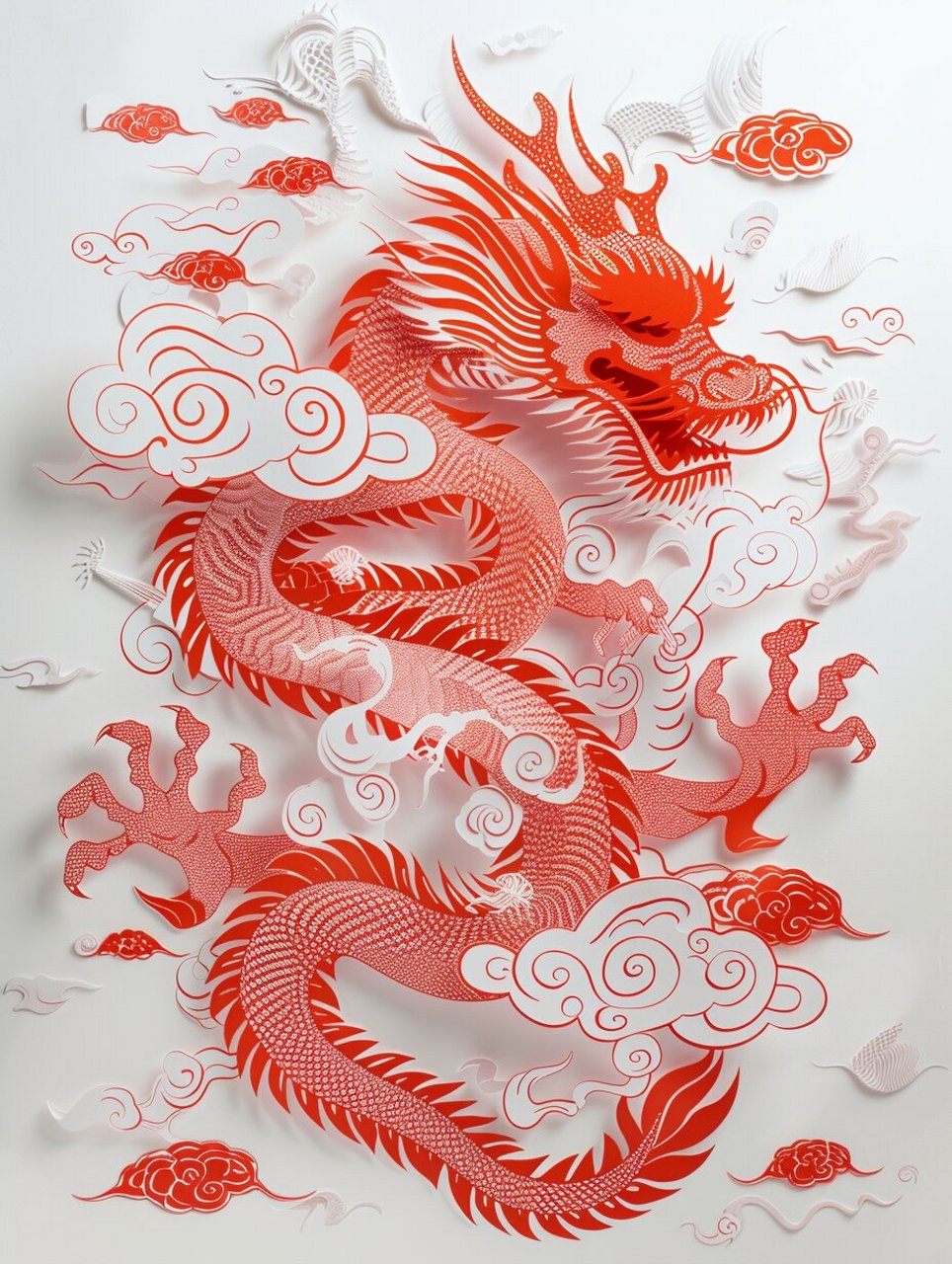 红龙剪纸传统韵味  在传统的剪纸艺术中,红龙是中国文化的瑰宝,蕴含着