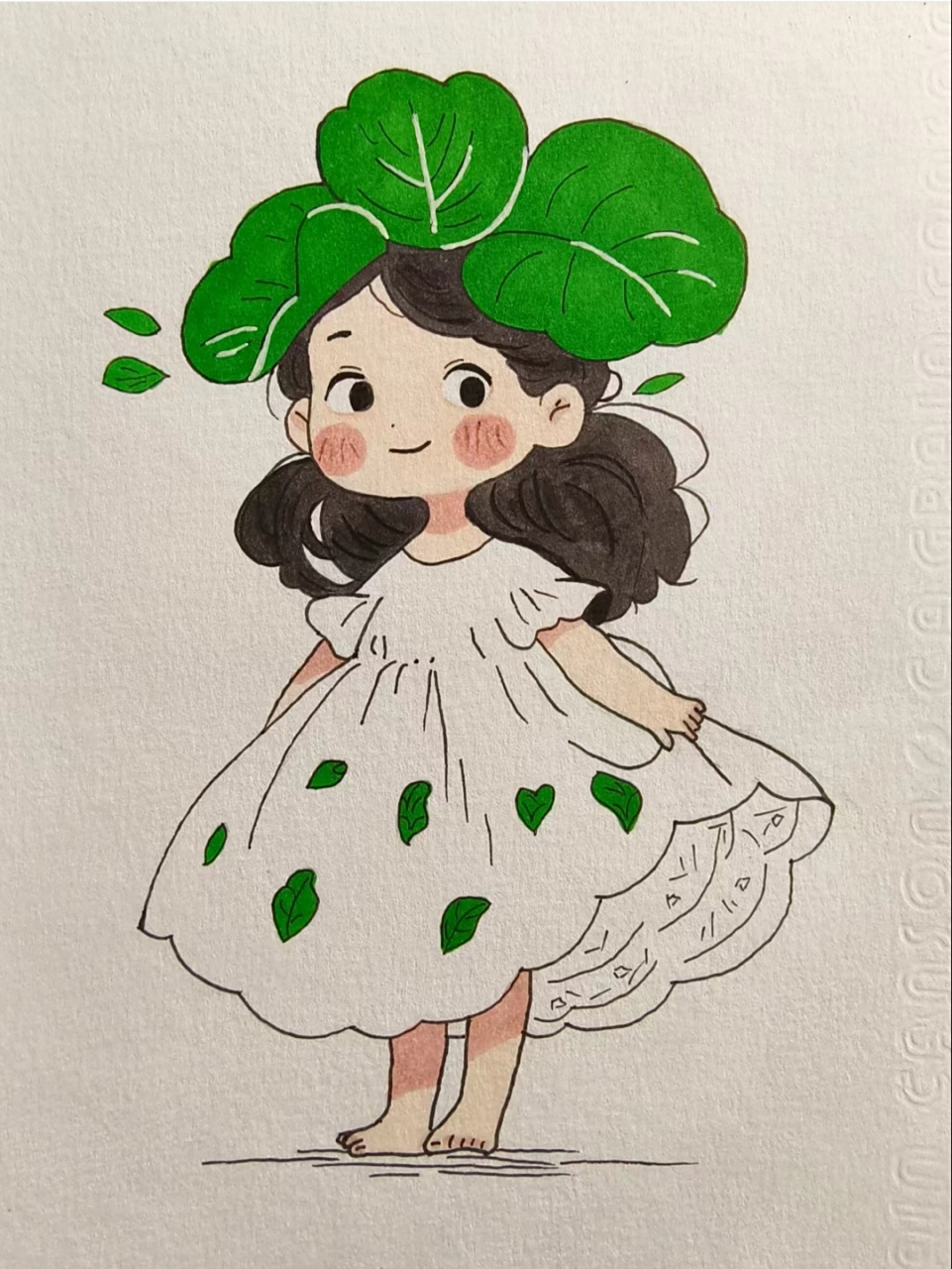 头戴树叶的小女孩绘画 喜欢绘画的看过来!