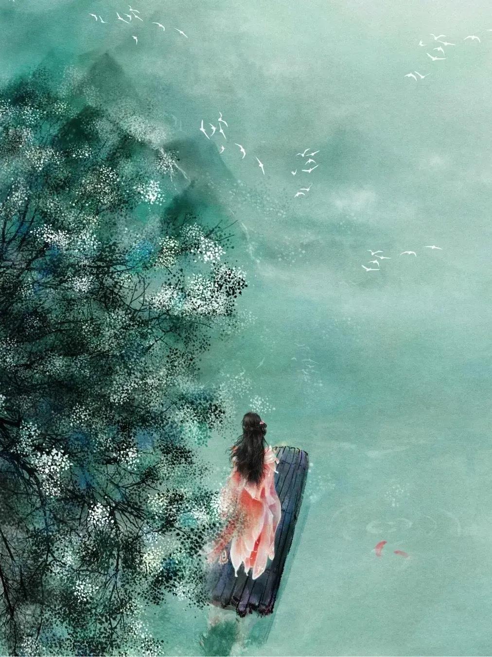 栏杆倚遍,而看到的只是远处几片淡淡的云,一江静静的水,半山笼罩着烟