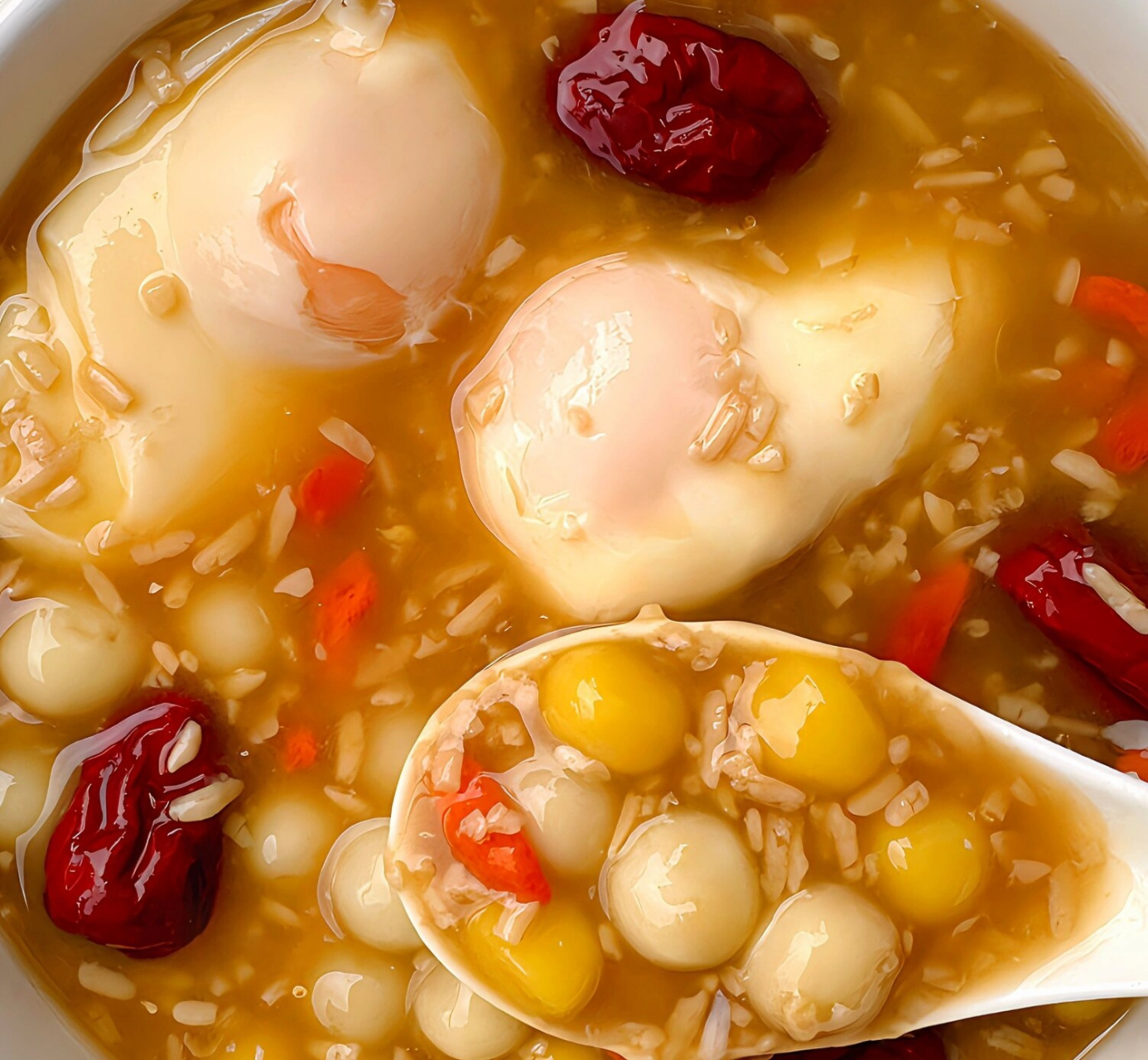 元宵节快乐,吃汤圆喽 食材: 鸡蛋,红糖,酒酿,红枣,枸杞,小圆子 煮出来