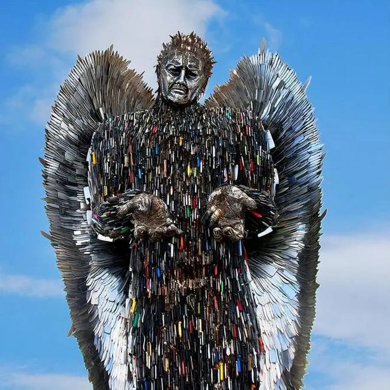 刀具天使雕像  英国用10万把刀具组成一个雕像,刀具都是各地警察从