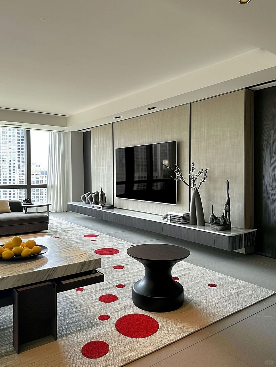 它们如同跳动的火焰,瞬间打破了这个空间的中性色调,为整个客厅注入了