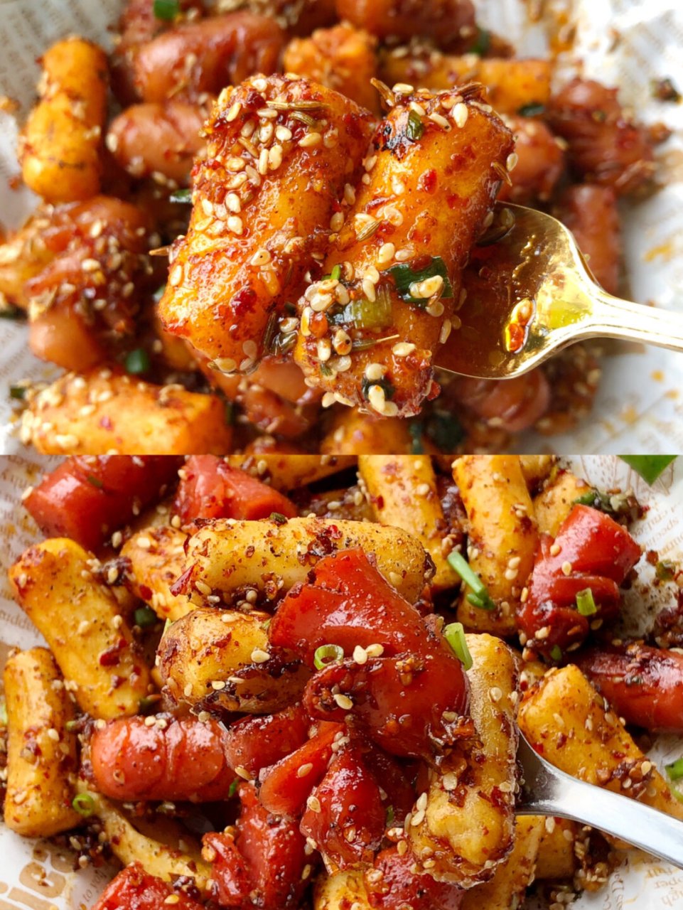 【食材】香肠,年糕,孜然粉,辣椒面