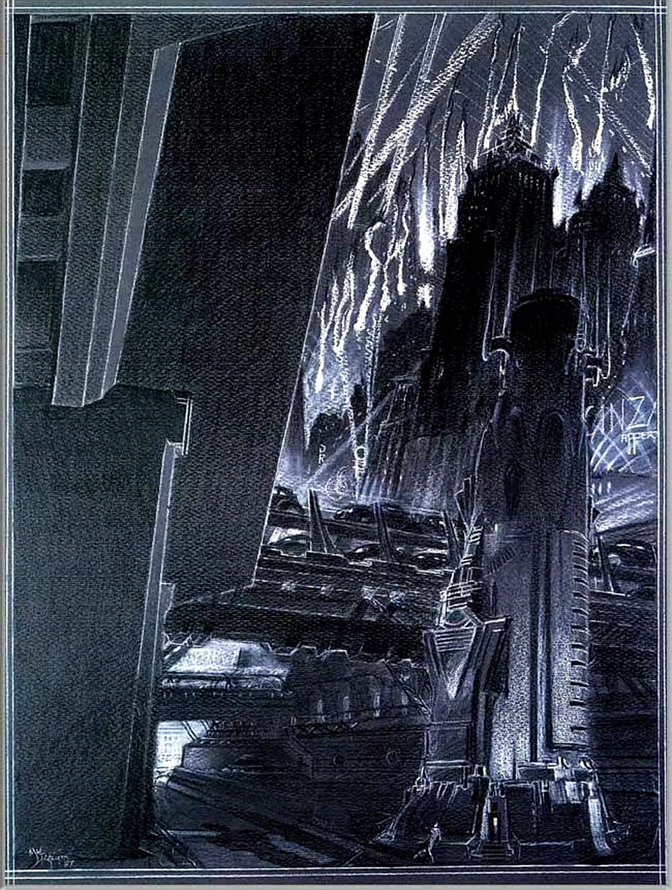 美国画家michael kaluta为电影《大都会》创作的场景绘画作品,描绘了