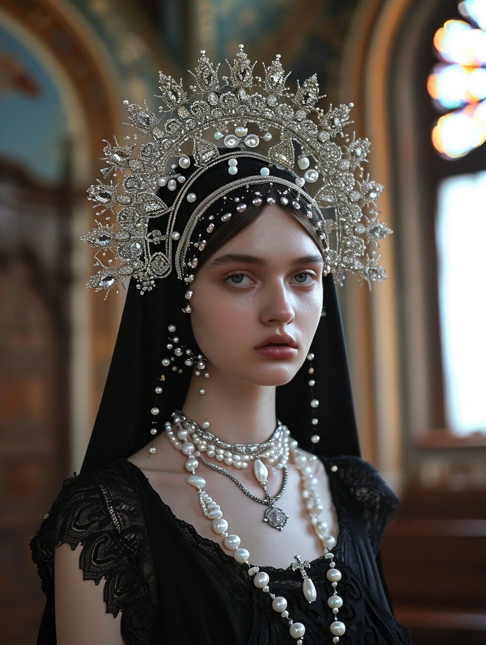 设计灵感|黑色巴洛克圣母珍珠头饰头纱  96设计灵感|黑色巴洛克圣母