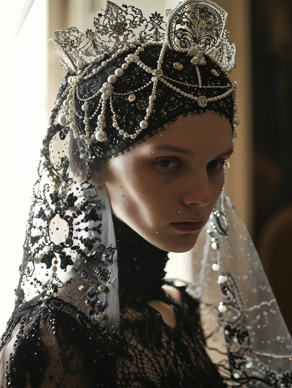 设计灵感|黑色巴洛克圣母珍珠头饰头纱  96设计灵感|黑色巴洛克圣母