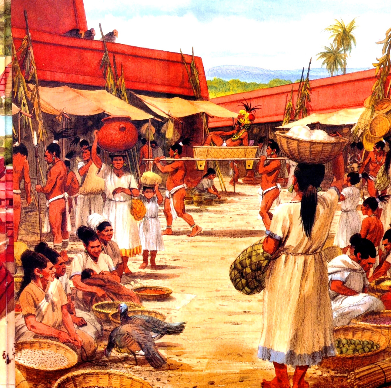 一组中美洲地区玛雅文明建筑与场景复原插画作品,描绘了当时人们生活