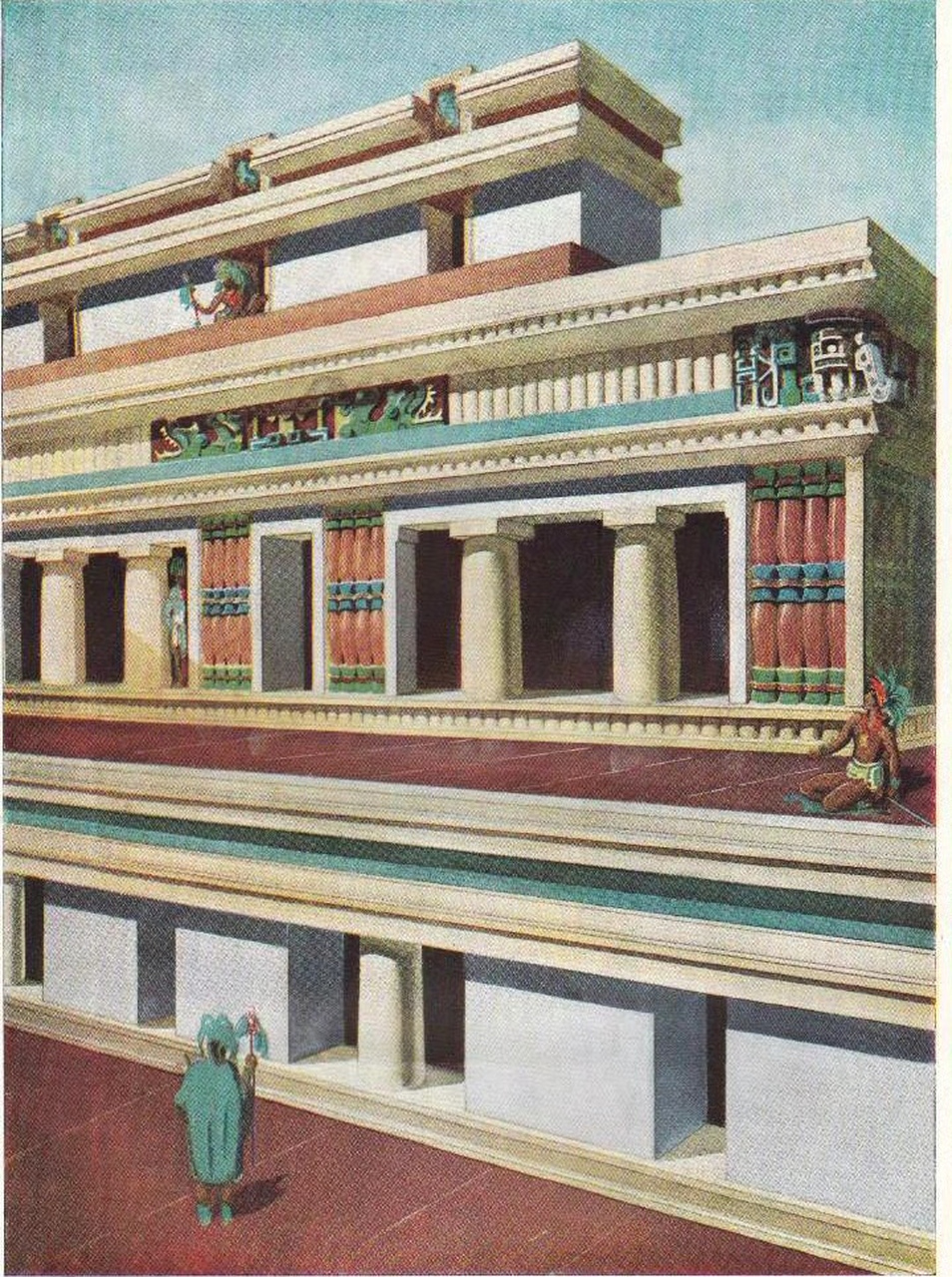 一组中美洲地区玛雅文明建筑与场景复原插画作品,描绘了当时人们生活