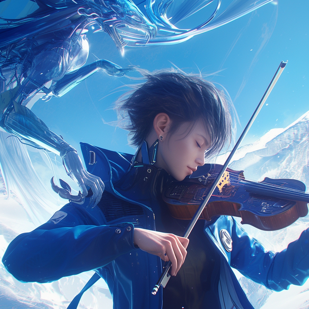 龙年ai画龙第52期作品,拉小提琴头像蓝色风格
