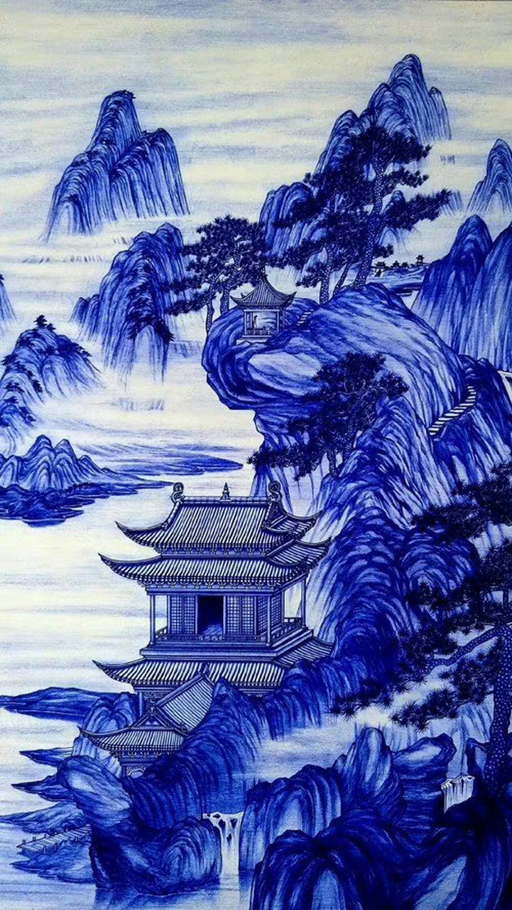 圆珠笔画成的古风建筑,单调的蓝色竟然能画出如此丰富的虚实光影.