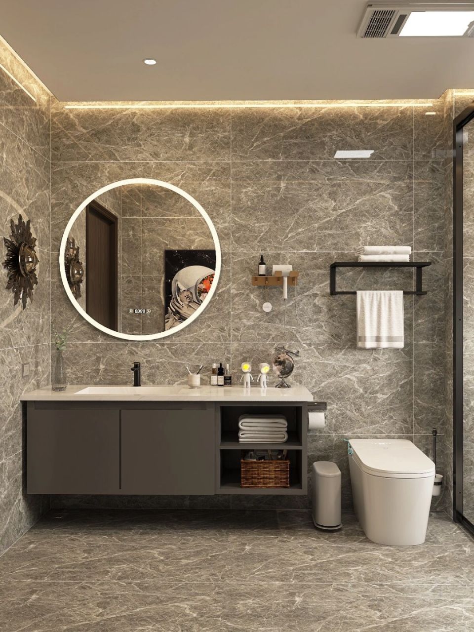 低调轻奢大理石卫生间,智能马桶太卷了.…!