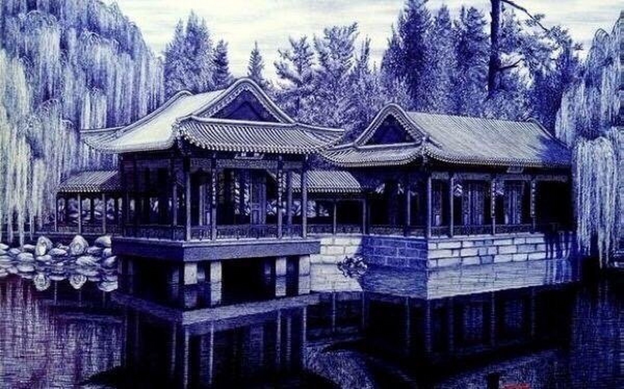 圆珠笔画成的古风建筑,单调的蓝色竟然能画出如此丰富的虚实光影.