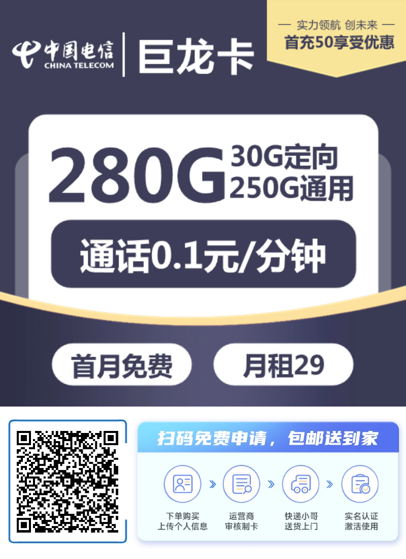 『电信巨龙卡』 29元/月：250G通用+30G定向，长期可续，大流量首选插图2羊毛日报