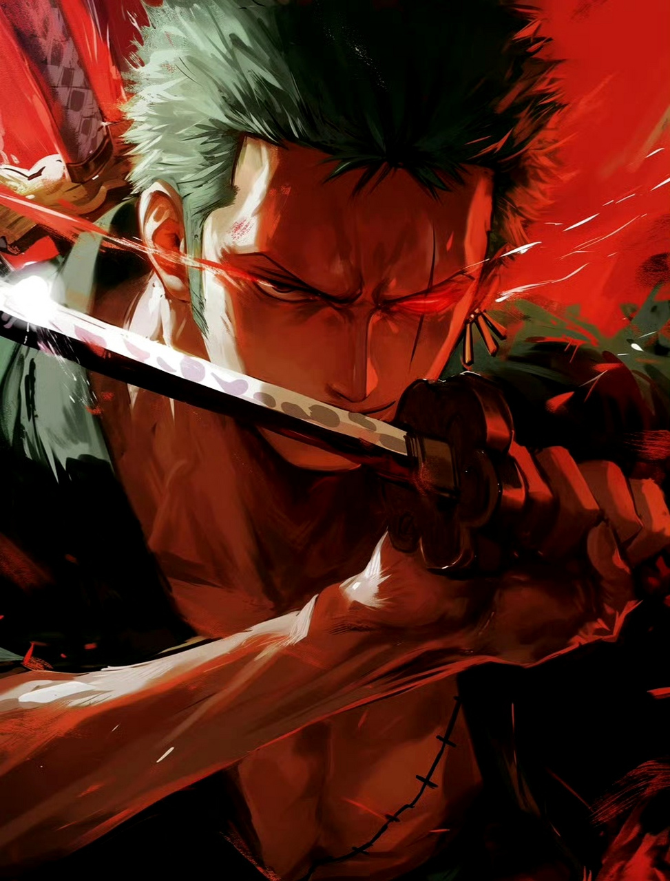 ai生成的一组海贼王索隆的插画作品,色彩绚丽,动态感十足,突出了三刀