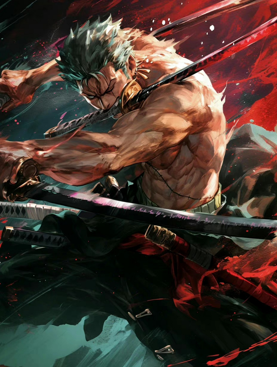 海贼王索隆的插画作品,色彩绚丽,动态感十足,突出了三刀流剑客的气势