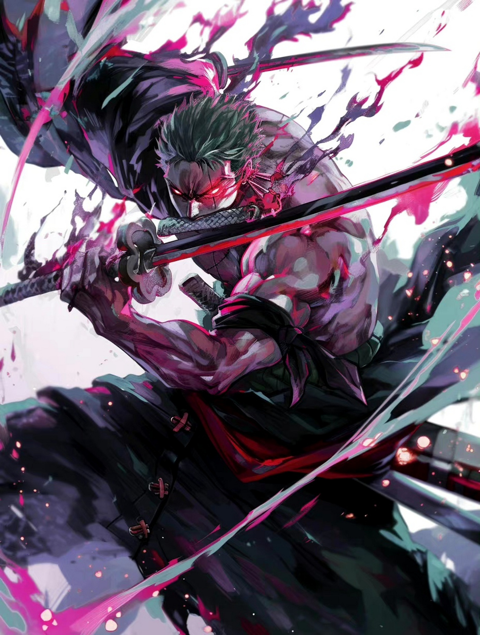 ai生成的一组海贼王索隆的插画作品,色彩绚丽,动态感十足,突出了三刀