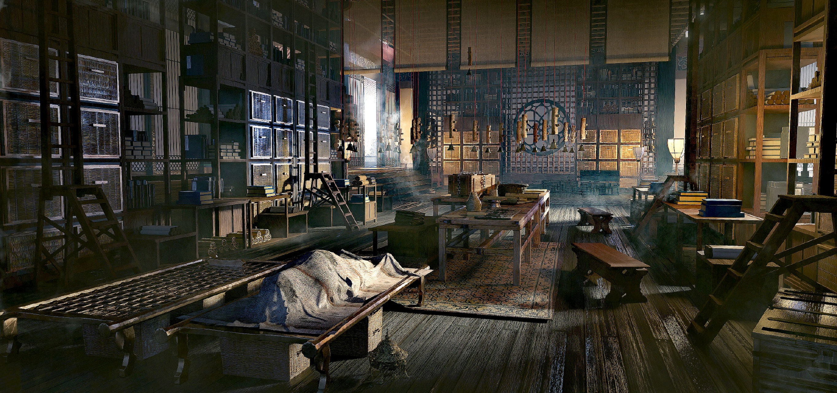 y为电视剧《大理寺少卿游》创作的概念场景插画,描绘了大理寺内的陈设