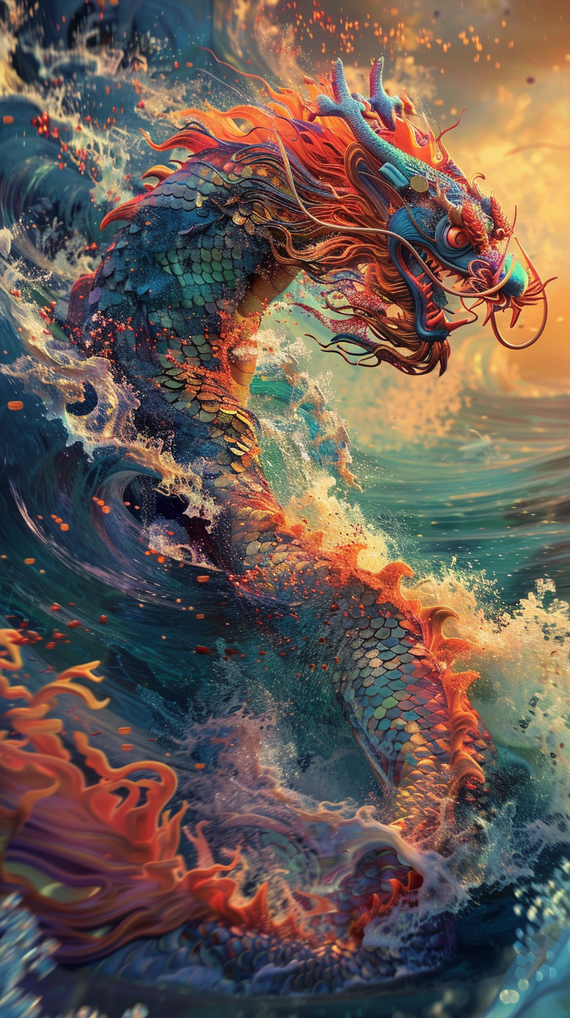 壁纸 | 龙腾波涌 在画布上,中国龙在波浪中翻腾,身姿棱角分明,神态