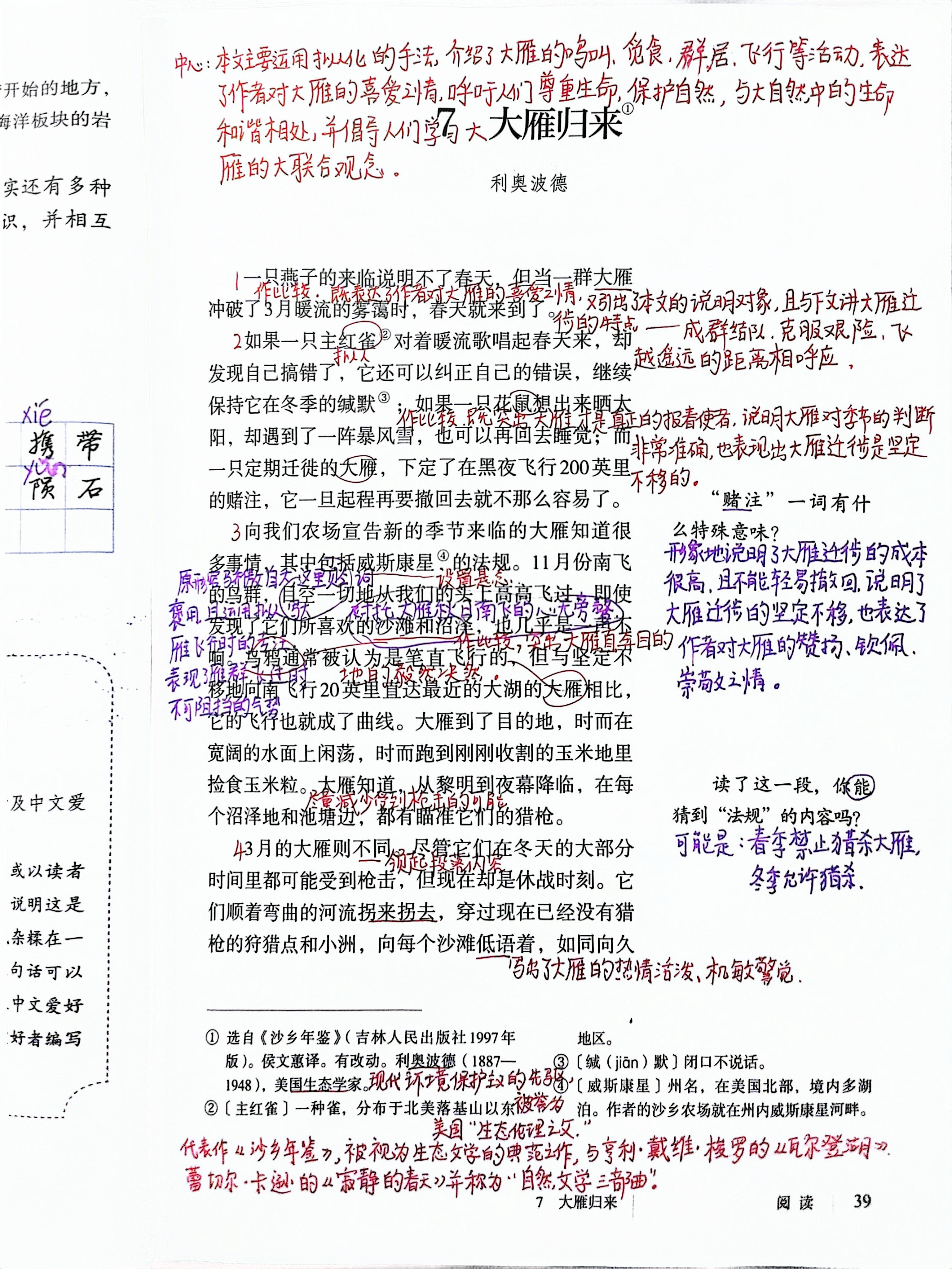 八年级下册语文学习,7大雁归来,课文笔记