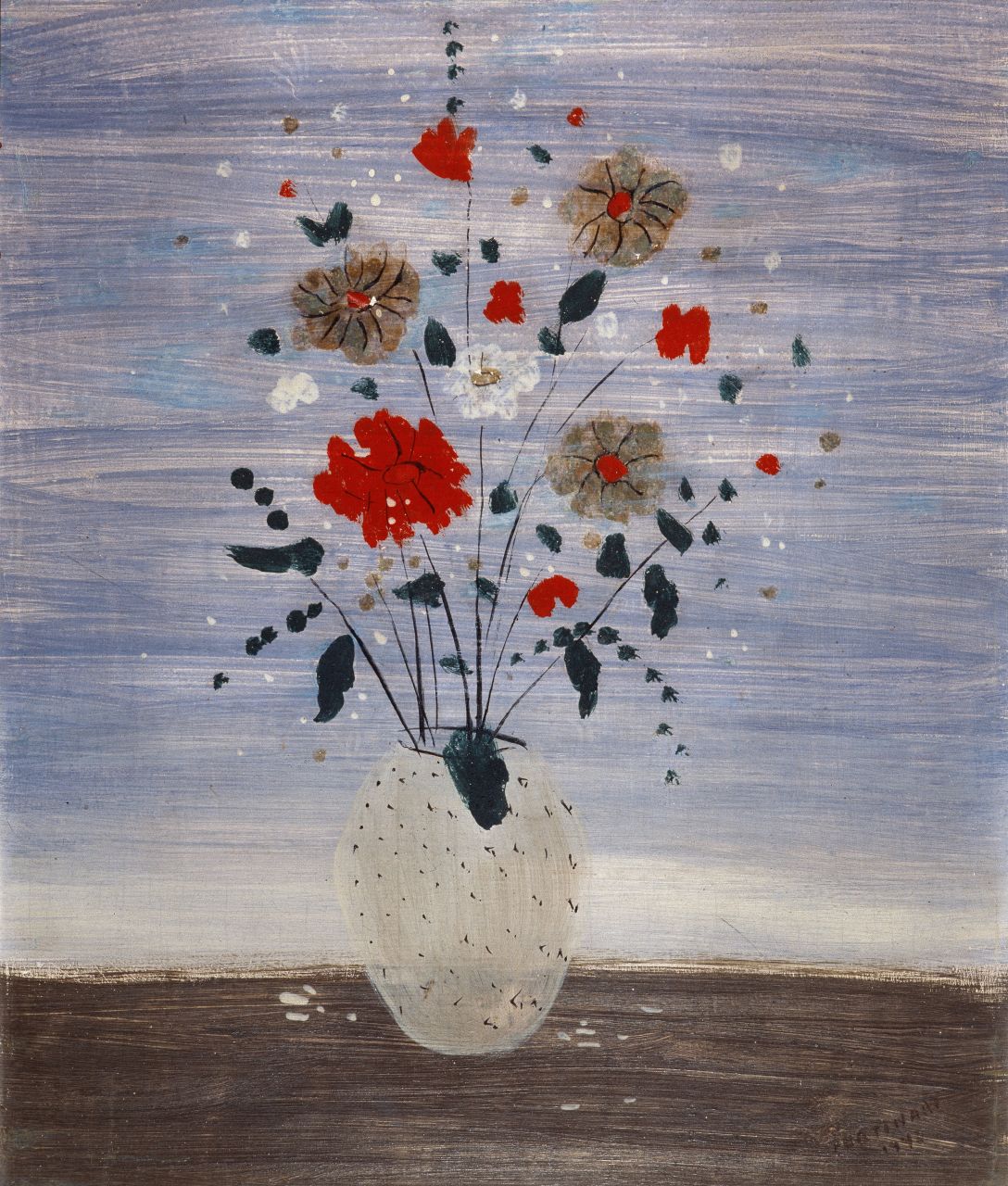 有点点的白色花瓶轻透, 圆形瓶口几支花枝向上, 画上深蓝绿色大小