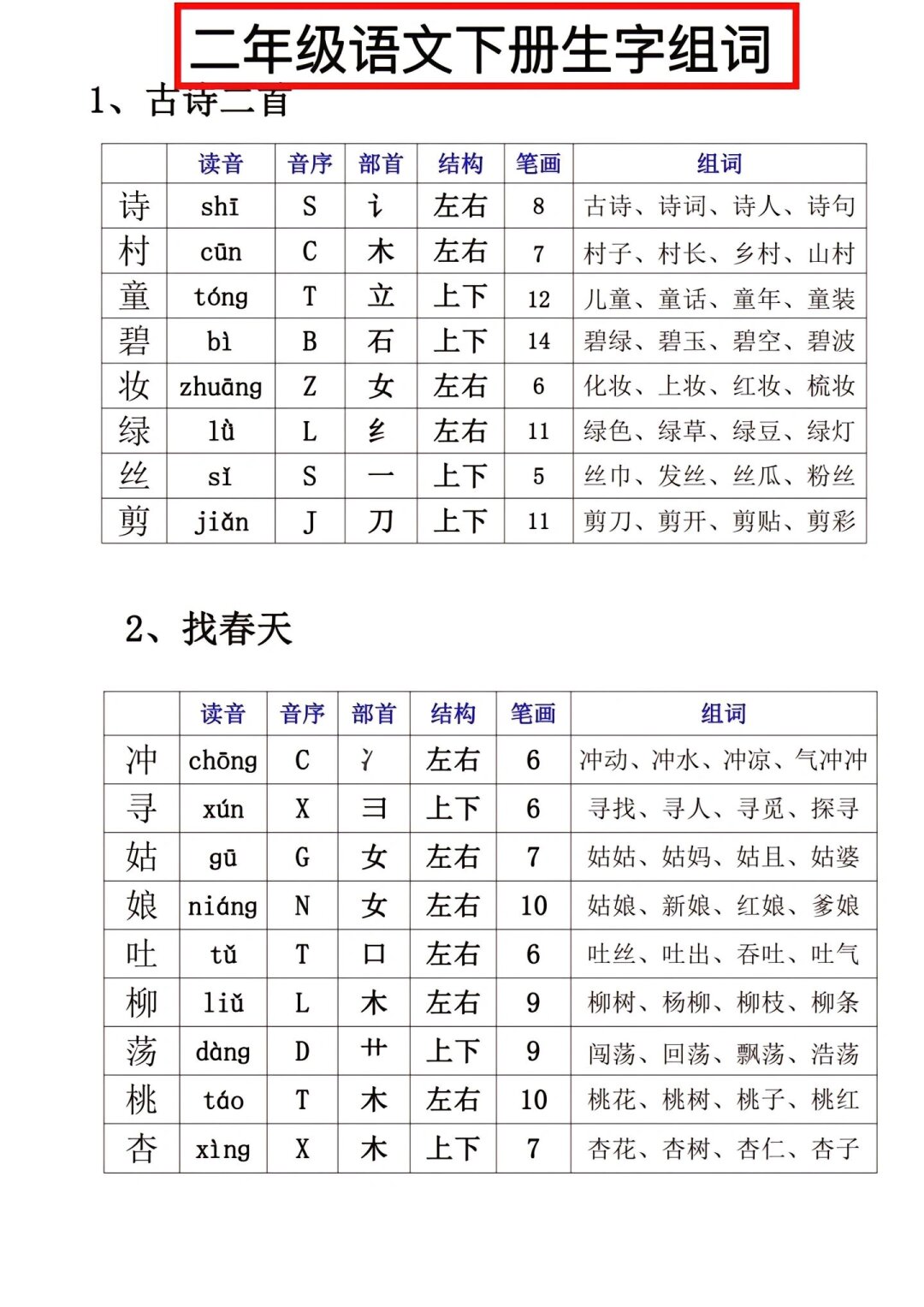 二年级语文下册生字组词