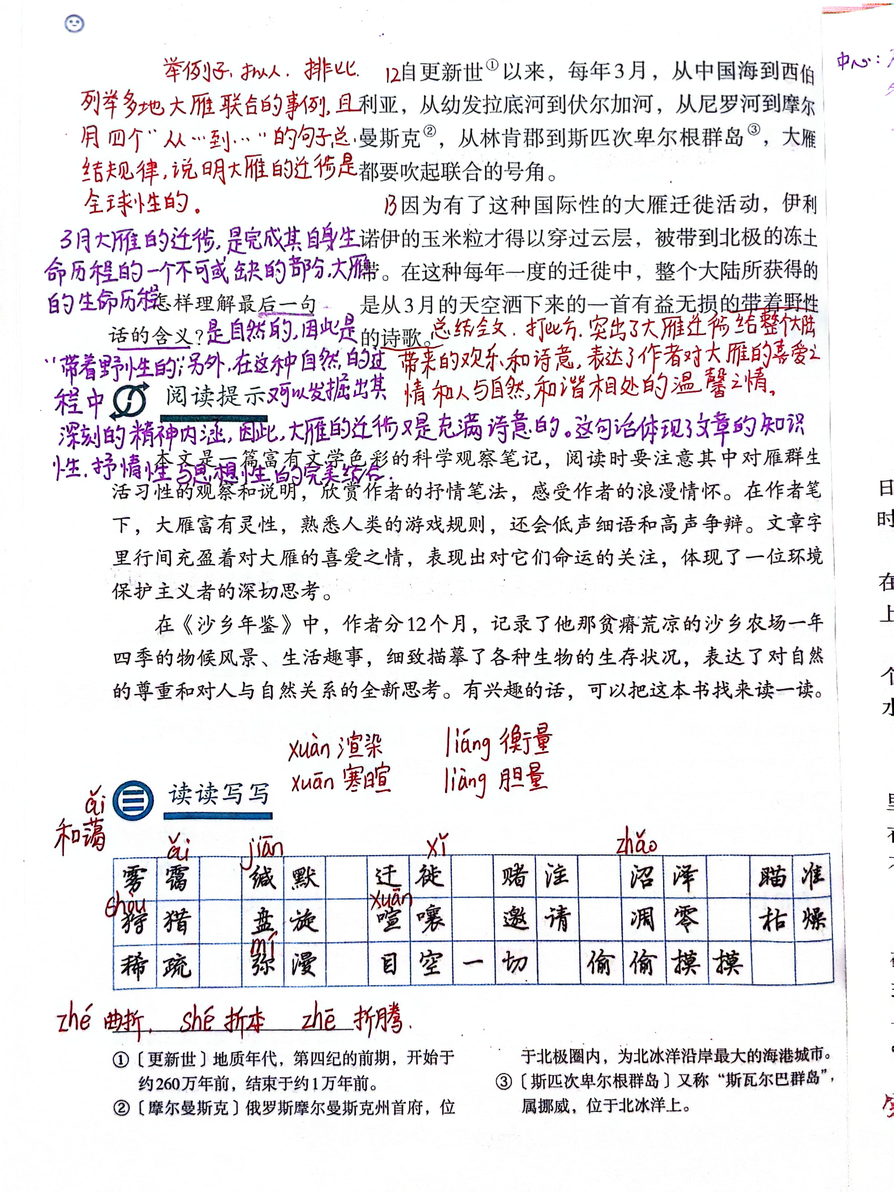 八年级下册语文学习,7大雁归来,课文笔记