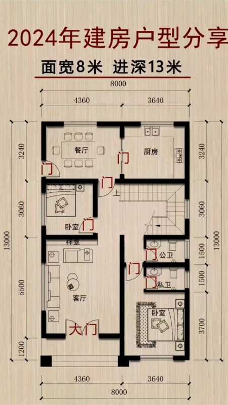 农村自建房面宽8米进深13米平面户型分享