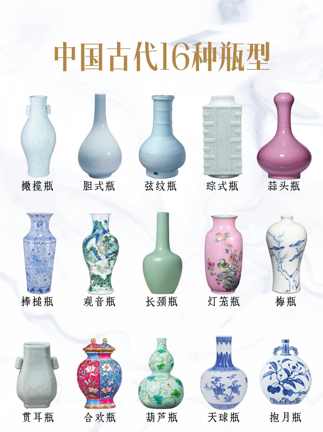 中国古代16种瓶型   从庄重的青花瓷瓶,到优雅的