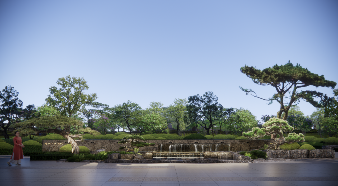 曲径通幽,诗情画意,叠石戏水流觞搭配造型黑松,纳天地万象入景,景色四