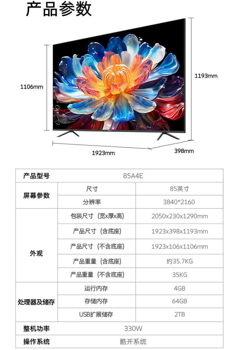 创维电视a4e屏幕尺寸:55,65,75,85英寸有什么区别?选哪款好?