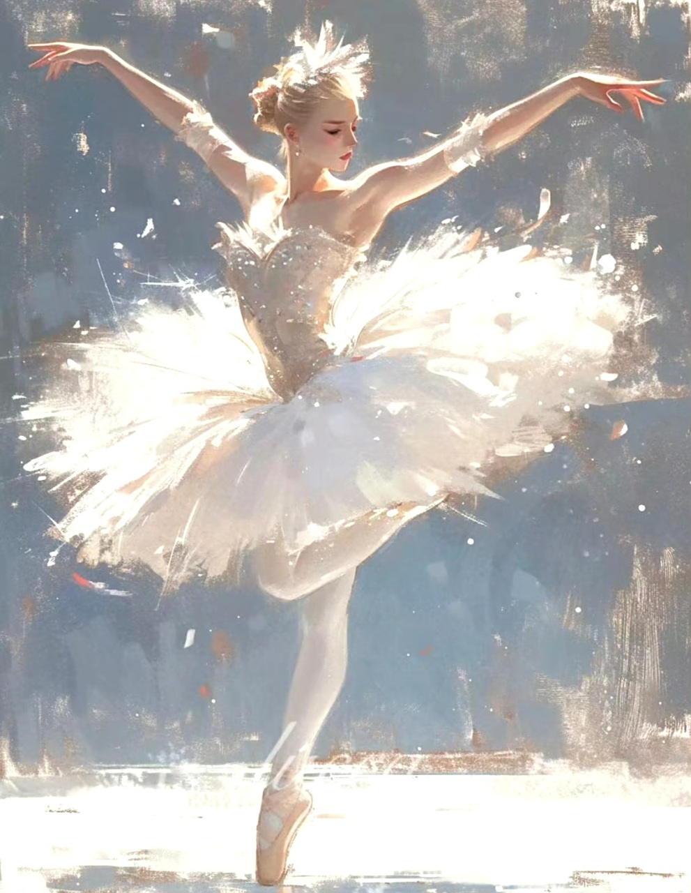 画师lucca绘制的一组芭蕾《天鹅湖》人物绘画作品,角色身着白色舞裙