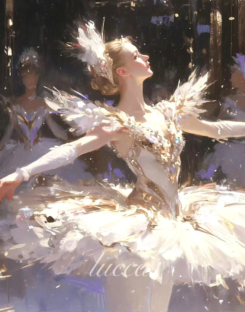 画师lucca绘制的一组芭蕾《天鹅湖》人物绘画作品,角色身着白色舞裙