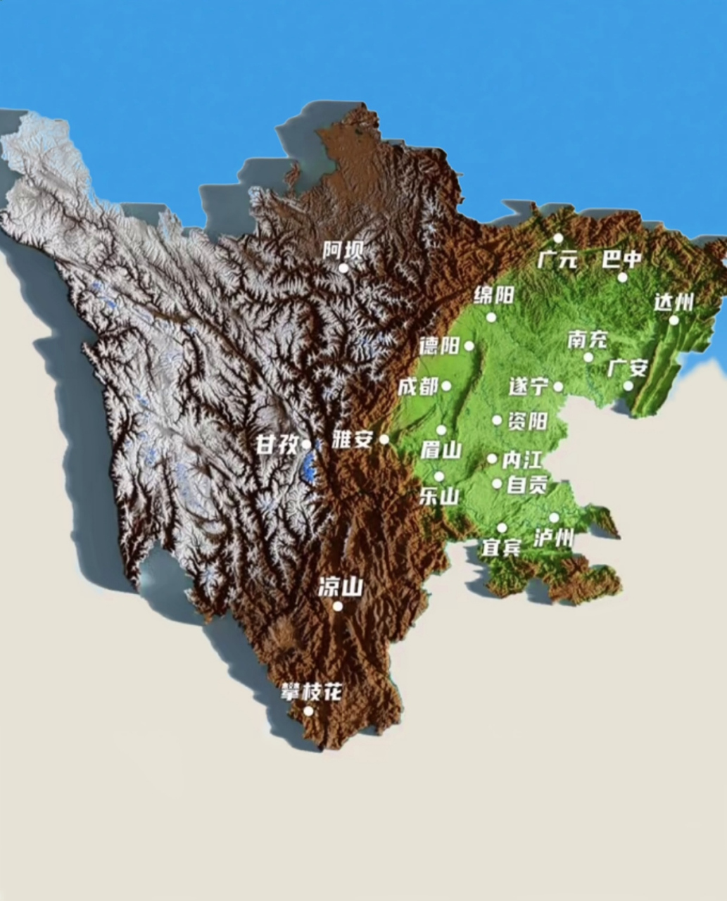 四川地形由山地,丘陵,平原,盆地和高原组成,地势西高东低,全省可分为